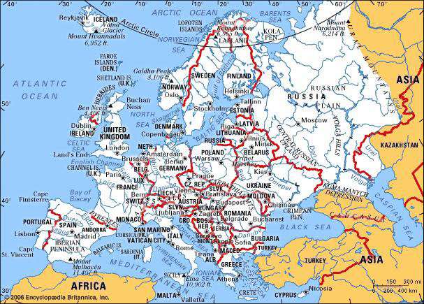 Карта Европы по версии www.britannica.com